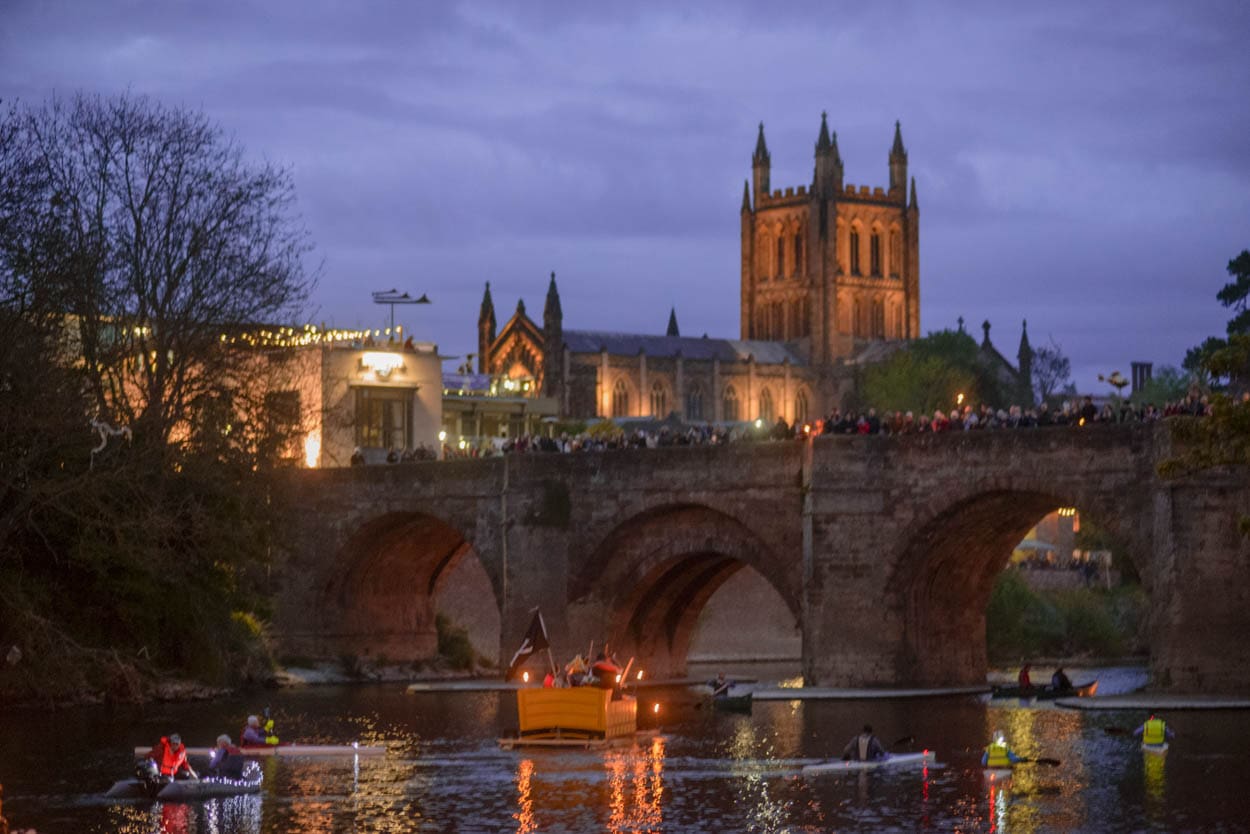 River and cathedral at night